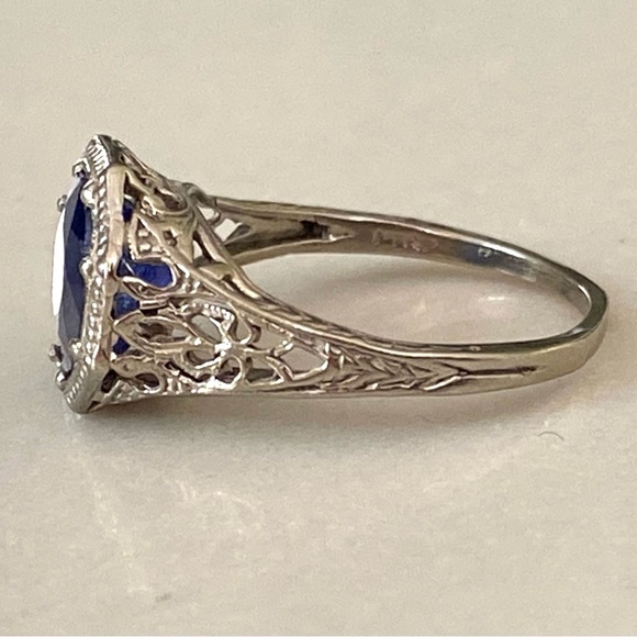Vintage 3 Carat Sapphire Ring, 14k White Gold Filigree, Sz 6 EUC - Picture 6 of 13